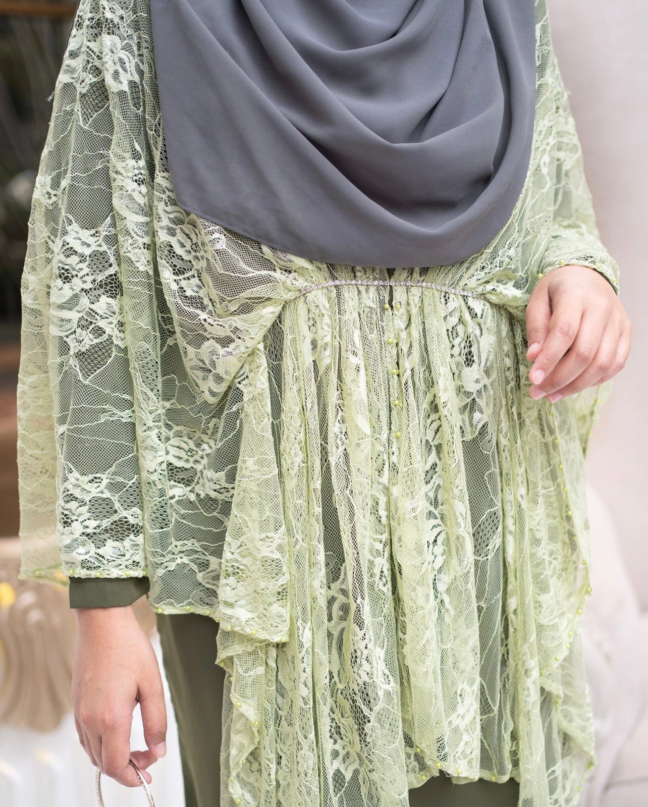 Army Green Ruffled Lace Abaya